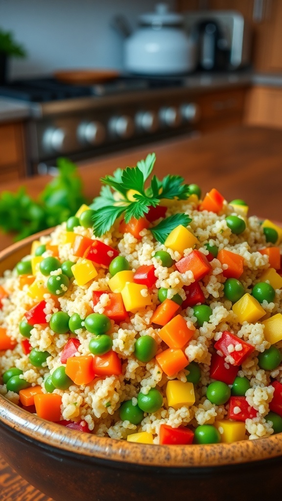 A bowl of colorful vegetable quinoa with bell peppers, carrots, and peas, garnished with parsley on a wooden table.